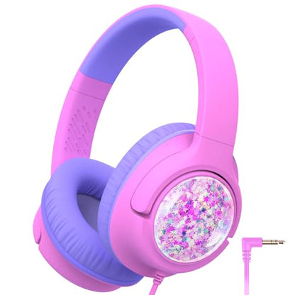 iClever 코드가 있는 아동용 헤드폰, 오버 이어 남아 여아 학교 여행용 | SafeSound Tech, 스테레오 사운드, 접이식, 조절 가능, 3.5mm 잭, 내구성, 학교용 경량 아동용 헤드폰, 핑크 글리터 - color: D-핑크 글리터