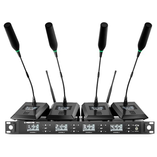 Phenyx Pro 4-Channel Auto Scan Wireless Conference Microphone System PTC-4 | 4 x 50 Frequencies, 328 ft Range, IR Sync, 4 Gooseneck Mics for Lectures, Church, Meeting, Conference Rooms,Public Speaking