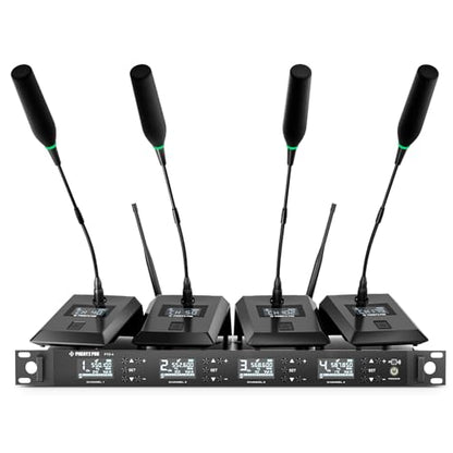 Phenyx Pro 4-Channel Auto Scan Wireless Conference Microphone System PTC-4 | 4 x 50 Frequencies, 328 ft Range, IR Sync, 4 Gooseneck Mics for Lectures, Church, Meeting, Conference Rooms,Public Speaking