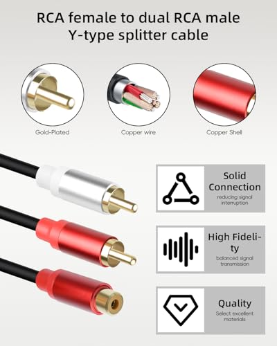Short RCA Y Splitter Cable,1 RCA Female to 2 RCA Male Stereo Audio Extension Cable for Speaker,Subwoofer,Amplifier,Stereo System,Home Theater,2Pack(0.3M/1FT) - size: 1F to 2M
