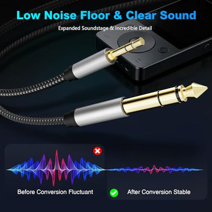 3.5 mm to 6.35 mm Audio Cable 25Ft, Gold-Plated Terminal Silver Color Zinc Alloy Housing 3.5mm 1/8" Male TRS to 6.35mm 1/4" Male TRS Nylon Braided Stereo Audio Cable for Cellphone, Amplifiers(25Ft/8M) - size: 25 ft