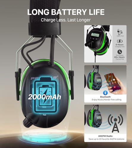 AM FM Radio Hearing Protection Earmuff, Bluetooth 5.4, 30SNR | Rechargeable Hearing Protectors with Gel Earpads, Headphones for Lawn Mowing, Construction, Chainsaw, Landscaping - color: Am/Fm+ Bluetooth-green