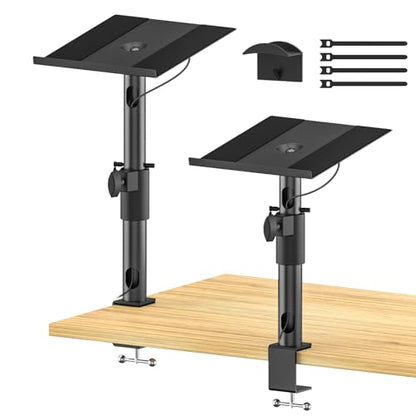 Clamp-On Desktop Speaker Stand Pair, Heavy-Duty 9.3" x 8.9 Plate for Edifier, KRK, Klipsch, Yamaha, Samsung HW-Q Series, Height&Angle Adjustable Bookshelf Speaker Stands, Built-in Cable Management