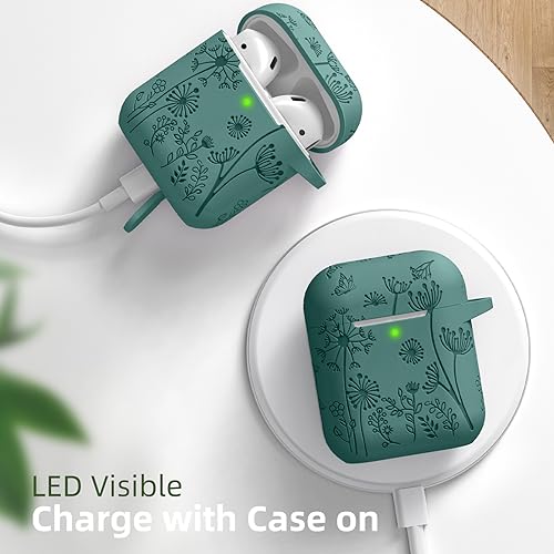 Lerobo for AirPod Case 2nd/1st Generation with Keychain for Women Girl | Flower Engraved Silicone Protective Cover for AirPods 2 Case, Wireless Charging, Shockproof, One-piece Design, Pine Green - color: Pine Green