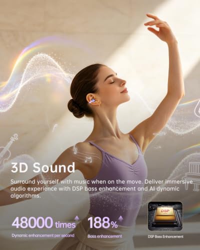 Open Ear Clip On Earbuds,Clip Headphones with Crystal Clear Sound | Ultra-Comfort for Driving Running Workout, Powerful Bass, 50H Playtime, Secure Fit, Hi-Res, IPX5, Bluetooth 6.0, Lavender - color: Lavender