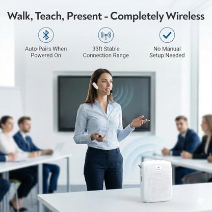 WinBridge Wireless Voice Amplifier 15W Bluetooth Headset Mic for Teachers | Portable PA System, Teacher Microphone for Classroom, 12-15H Battery, Small Presentation Speaker Sound Amplifier WB002 White - color: White