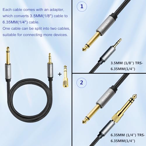 RIVIERA 10FT/3.0M Audio Cable 3.5mm 1/8" TRS to 6.35mm 1/4" TS Braided Sheild Pure Copper Wire and 24K Gold Plated Low Noise Cable with Braided Nylon Jacket for Digital Players & Musical Instruments - color: 1/4-1/8 TRS Black, size: 10FT/3.0M