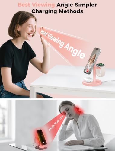 Aeinidi 2026 3 in 1 Wireless Charging Station Compatible with MagSafe, 15W Fast Magnetic Mag-Safe Charger Stand for Apple iPhone 17 16 15 14 13 12 iWatch AirPods Pro 4 3 2, Pink - color: Pink