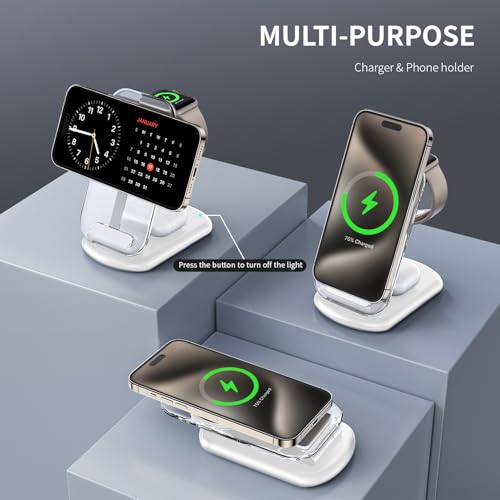 2026 Traveling Wireless Mag-Safe Fast Charging Station,Magnetic 3 in 1 Charger with Light for iPhone 16 15 14 13 12 Pro Max Plus,Apple Watch Series & Air pods 4 3 2 Pro-Gifts for Wife & Husband(Blue) - color: Blue