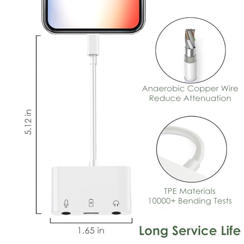 Microphone & 3.5mm Headphone Adapter for iPhone Microphone Adapter for Live-Streaming with Charging Port Lighting to Audio & MIC Adapter Compatible with iPhone/iPad