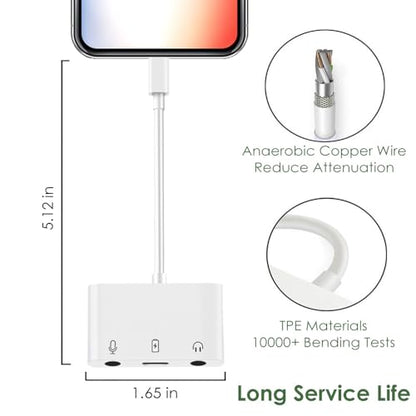 Microphone & 3.5mm Headphone Adapter for iPhone Microphone Adapter for Live-Streaming with Charging Port Lighting to Audio & MIC Adapter Compatible with iPhone/iPad
