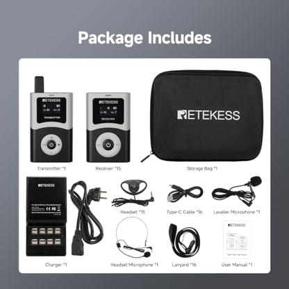 Retekess T130U(4nd Gen T130)Tour Guide System, Translation System(1TX 15RX) | for Church,School,Travel, with Storage Bag, U-Band, 200M, 40H, Digital mode, Less Interference voice, Wireless connection - style: 15 with Storage Bag