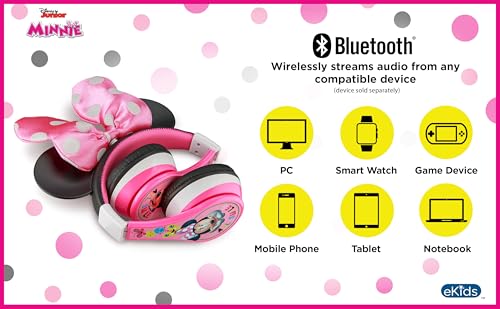 eKids Minnie Mouse Kids Bluetooth Headphones, Wireless with Microphone Includes Aux Cord, Volume Reduced Foldable Headphones for School, Home, or Travel, Pink | Reduced Volume and Built-in Microphone