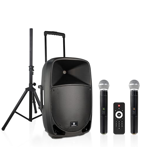 PRORECK Portable 12 Inch 1200W Powered PA/DJ Speaker System with Rechargeable Battery, 2 Wireless Mics, Bluetooth, USB, SD, FM Radio, Remote, Speaker Stand for Parties, Karaoke, speeches, Outdoor - size: 12 inch