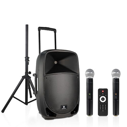 PRORECK Portable 12 Inch 1200W Powered PA/DJ Speaker System with Rechargeable Battery, 2 Wireless Mics, Bluetooth, USB, SD, FM Radio, Remote, Speaker Stand for Parties, Karaoke, speeches, Outdoor - size: 12 inch