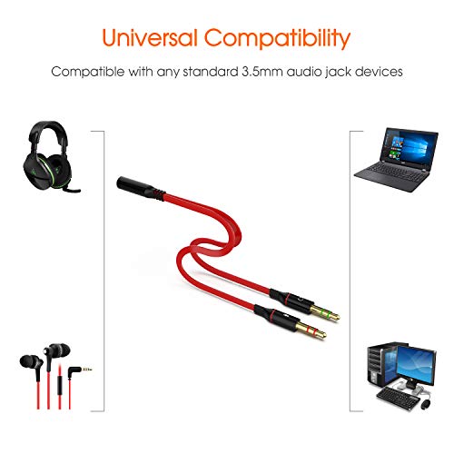 Maeline Headphone Splitter Adapter, 3.5mm Mic Cable for Computer, Headset 3.5mm Female to 2 Dual Male Microphone Audio Stereo Jack Earphones Port to Gaming Speaker PC - Red