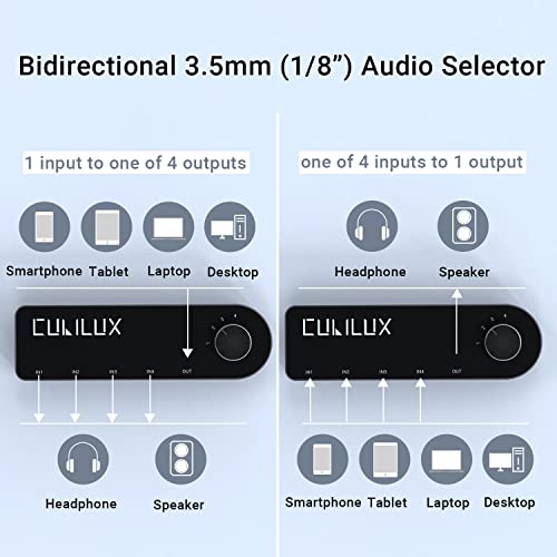 Bidirectional 3.5mm Audio Switcher (1-in to 4-Out / 4-in to 1-Out), Stereo 1/8” Aux Selector Box for Speaker Headphones/Earphones, Audio Switch for Laptop Computer Smartphone Tablet