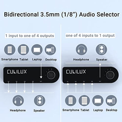 Bidirectional 3.5mm Audio Switcher (1-in to 4-Out / 4-in to 1-Out), Stereo 1/8” Aux Selector Box for Speaker Headphones/Earphones, Audio Switch for Laptop Computer Smartphone Tablet