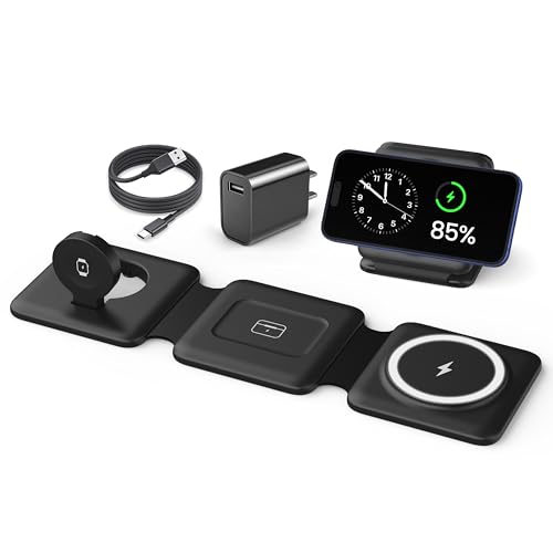 Fold Magnetic Wireless Charger for iPhone: Compact Charging Pad Fit Travel | 3 in 1 Charging Station for Magsafe Apple Watch iPhone 17 16 15 14 13 12 & Airpod - Charger Dock for Travel Bedside Office - color: Dark black