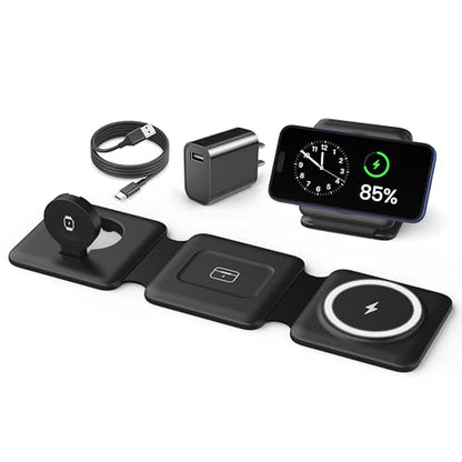 Fold Magnetic Wireless Charger for iPhone: Compact Charging Pad Fit Travel | 3 in 1 Charging Station for Magsafe Apple Watch iPhone 17 16 15 14 13 12 & Airpod - Charger Dock for Travel Bedside Office - color: Dark black