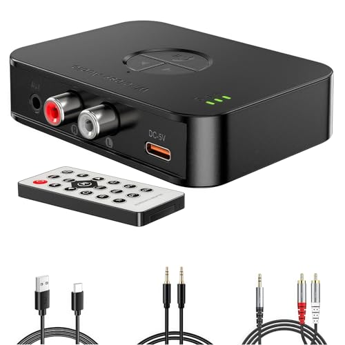 Bluetooth 5.4 Receiver with USB/AUX/RCA Outputs, HiFi Wireless Audio Receiver with Remote, USB Playback & Type-C Power – No Battery, Bluetooth Audio Adapter for Old Stereo and Home Theater System.