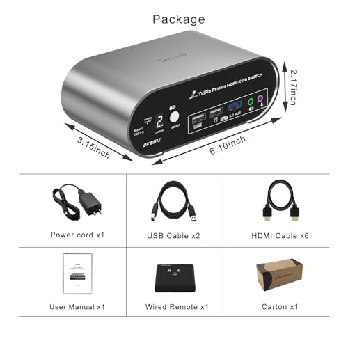 2 Computers 3 HDMI Monitors KVM Switch 8K@60Hz Triple Monitors, Wired Remote and Hotkey Switching, EDID, Audio and Microphone, Aluminum Alloy Shell,Digital Display, HDR10 with Cables - style: 2 PCs 3 HDMI Monitors 8K60