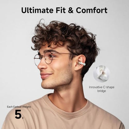 QCY Crossky C30 Open Ear Headphones Wireless Bluetooth, Clip-On Earbuds with 4 ENC Noise Cancelling Mic, Stable Fit, Dual Connection, EQ Customized, Sports Earphones for Workout/Running - color: White