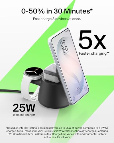 Belkin Qi2.2 25W Magnetic Wireless Charging Station, 3 in 1 Samsung Charger | Fast Charging, MagSafe Compatible, Samsung Galaxy S26, Android Charger, Pixel 10, iPhone 17/16/15, Apple Watch, AirPods - color: Black