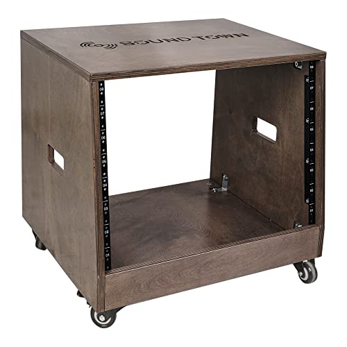 Sound Town DIY Solid Baltic Birch Plywood Slanted 8U Studio Rack, Weathered Brown, Rubber Feet, Casters (SDRK-8TB) - size: 8U,Weathered Brown
