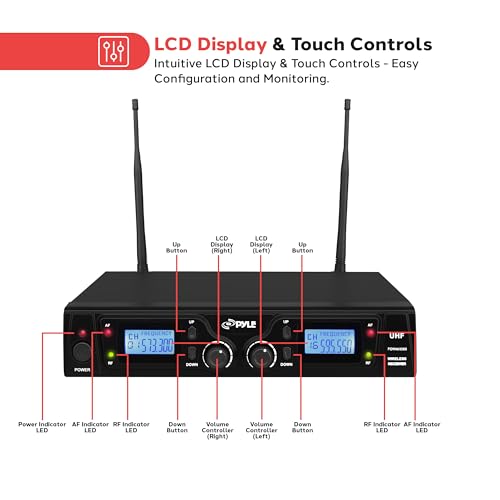PYLE, Wireless Microphone System, UHF, 16 Channels, Belt Packs, Lavalier Mics, Rack Mountable Receiver, LCD Display, Dual Antennas, Bodypack Transmitters, Headset Microphones, Audio Cable, Case