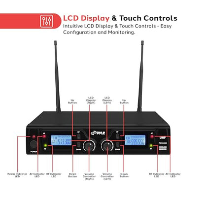 PYLE, Wireless Microphone System, UHF, 16 Channels, Belt Packs, Lavalier Mics, Rack Mountable Receiver, LCD Display, Dual Antennas, Bodypack Transmitters, Headset Microphones, Audio Cable, Case