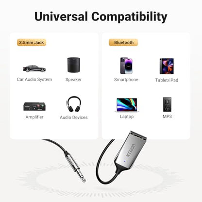 UGREEN Aux to Bluetooth 6.0 Adapter 3.5mm Bluetooth Receiver for Car USB 2.0 to 3.5mm Jack Kit with Built-in Microphone Aux Input for Hands-Free Calls Compatible with Car Speaker and Home Audio - color: Silver