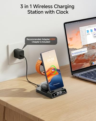 Wireless Charger for Samsung S26 Ultra, Galaxy Watch 9/Ultra 2/8/Buds4 Pro | for Samsung S26+/S25 Ultra/S25/Z Flip8/S24/S23/S22, Galaxy Watch 8/Ultra/7/6/5, Galaxy Buds4 Pro, Space-saving, LED Clock - color: Black