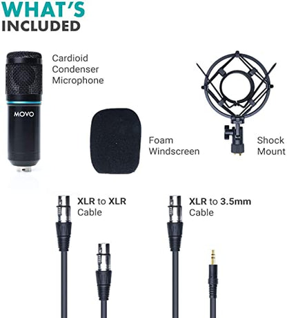 Movo PC-M6 Universal Cardioid Condenser Microphone with XLR and 3.5mm, Shock Mount, and Windscreen - Perfect for Podcasting, Live-Streaming, Gaming, Remote Work