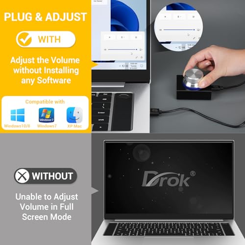 DROK USB Volume Knob, Small PC Computer Speaker Volume Control Audio External USB Volume Control Knob with 1-Key Mute Function Support Win7 8 10 XP Mac Vista Android, Black and Silver - color: Silver, size: Small/Programmable