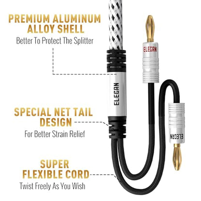 14 AWG Speaker Cable Wire 12 Feet with Gold-Plated Banana Tip Plugs-CL2 Rated-in Wall-Heavy Duty Nylon Braided, Oxygen-Free Copper (OFC)-White-with 5 Cable Ties - size: 12FT