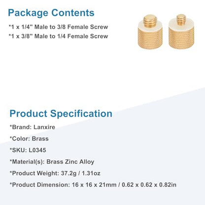 2 Pack Camera Screw Adapter, 1/4" Male to 3/8" Female & 3/8" Male to 1/4" Female Thread Adapter Set for Tripod Stand, Microphone Stand, Mic Mount, and Camera Monitor (Brass)