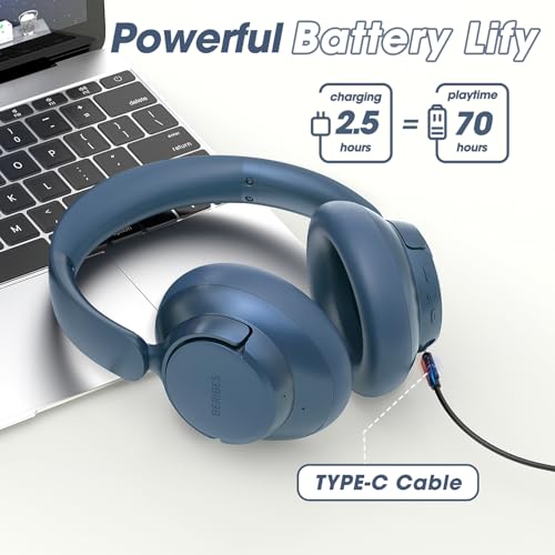 BERIBES Hybrid Active Noise Cancelling Headphones Wireless Over Ear 70Hours | Foldable Bluetooth 6.0,Transparent Modes,3.5MM Cable,Lightweight Built-in Mic,HiFi Stereo Deep Bass,Soft-Earpad,Fast Charging - color: Blue