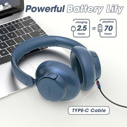 BERIBES Hybrid Active Noise Cancelling Headphones Wireless Over Ear 70Hours | Foldable Bluetooth 6.0,Transparent Modes,3.5MM Cable,Lightweight Built-in Mic,HiFi Stereo Deep Bass,Soft-Earpad,Fast Charging - color: Blue