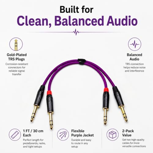1/4 Inch TRS Instrument Cable 1ft 2-Pack, Purple OFC 24K Gold-Plated Patch Cable, Balanced Stereo for Guitar Bass Keyboard Mixer Pedalboard, for Fender Marshall Yamaha Roland Boss