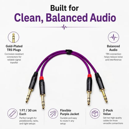 1/4 Inch TRS Instrument Cable 1ft 2-Pack, Purple OFC 24K Gold-Plated Patch Cable, Balanced Stereo for Guitar Bass Keyboard Mixer Pedalboard, for Fender Marshall Yamaha Roland Boss