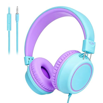 Olyre Kids Headphones, Toddler Headphones with Cord for School Plane Travel, Lightweight Stereo Wired Children Earphones with HD Microphone for Boys Girls for PC Cellphone Tablet(Icy Mint Blue/Purple) | Blue, purple; Over ear headphones with cord for scho
