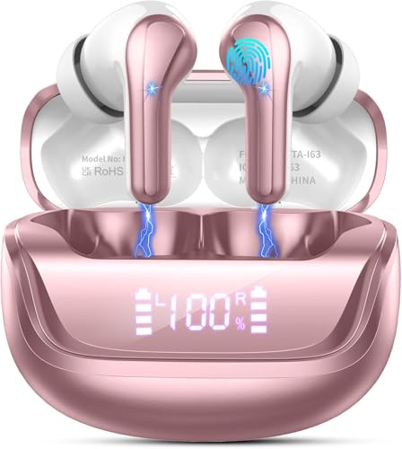 Wireless Earbuds, Bluetooth 5.4 Headphones, in-Ear Earphones with 4 ENC Mics Deep Bass Stereo, 40H Playtime LED Display Mini Charging Case Ear Buds, IP7 Waterproof Wireless Headphones for Android iOS - color: Pink Gold
