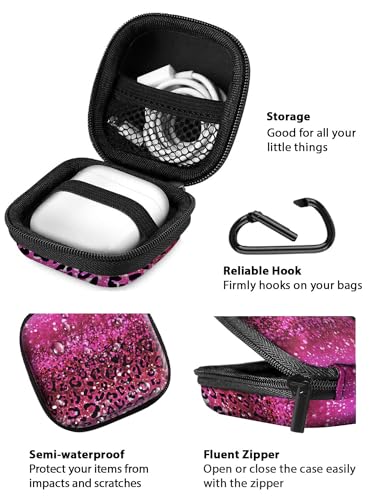 WIRESTER Portable Wireless Headphone Case, Earphone Storage Bag Carrying Case, Earbud Holder with Black Carabiner Compatible with Airpods - Hot Pink Sparkle with Black Pink Glitter Leopard - color: Hot Pink Sparkle With Black Pink Glitter Leopard
