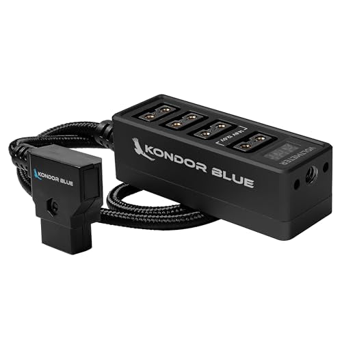 KONDOR BLUE | 12V D-Tap Power Hub Splitter with Voltmeter, 4 Way | 1/4-20 Threads, ARRI Anti Twist Locating Points, Multi Hole Mounting, Power Distribution for Camera Rigs | Black - color: Raven Black