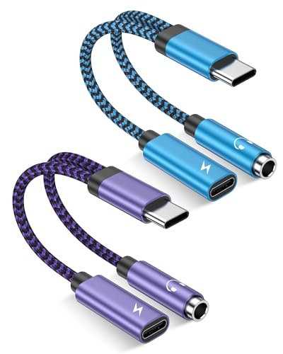2Pack 2-in-1 USB-C to 3.5mm Aux Adapter Android Dongle C to C Fast Charging | for Apple iPhone 17e 17 16 Samsung Galaxy Headphone Jack Adapter 60W Auxiliar Audio Cord Adoptor Male to Female Converter - color: Blue,Purple