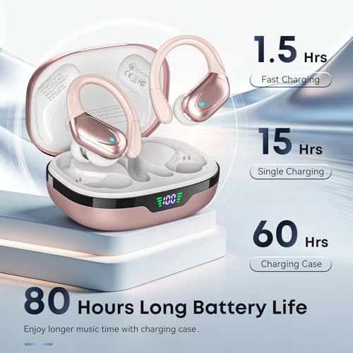 HAOYUYAN Sports Bluetooth Headphones, 80Hrs Playtime Wireless Earbuds with LED Power Display, IPX7 Waterproof Earphones for Workout/Running, Noise Canceling Headset Ear Buds - color: Rose Gold