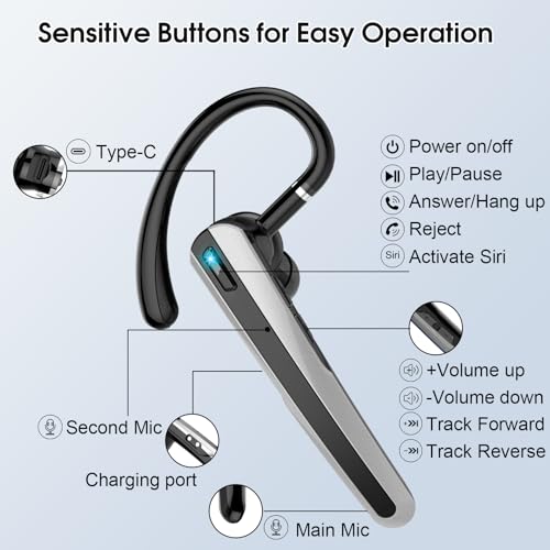 Bluetooth Headset V5.3, Wireless Headset with ENC Noise Canceling Mic | 120Hrs Talk Single-Ear Bluetooth Earpiece, LED Display, IP7 Waterproof Hand-Free Earphone for Business/Trucker/Driver - color: Mysterious Black