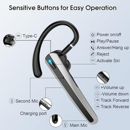 Bluetooth Headset V5.3, Wireless Headset with ENC Noise Canceling Mic | 120Hrs Talk Single-Ear Bluetooth Earpiece, LED Display, IP7 Waterproof Hand-Free Earphone for Business/Trucker/Driver - color: Mysterious Black