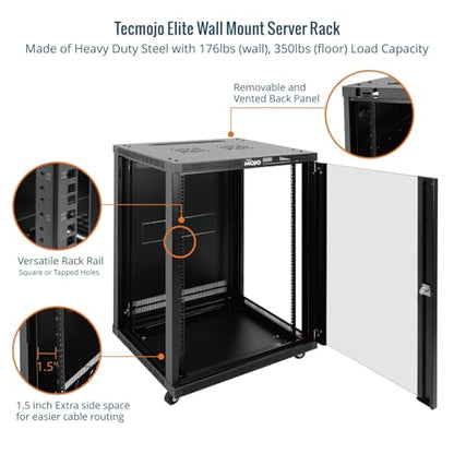 Tecmojo 18U Wall Mount Rack,18U Rack 23.6 Inch Depth,Hold Up to 176 Lbs,Server Rack with Casters,Enclosed Network Cabinet for 19 Inch Network,Server and AV Gear,Glass Door(Elite Collection) - size: 18U/23.6in Depth/Glass Door